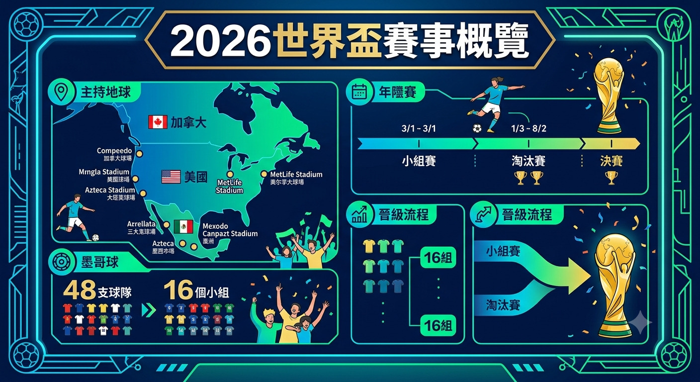 這張圖片以「2026世界盃賽事概覽」為標題，詳細展示了主辦國家、賽程時間表、參賽隊伍規模以及晉級流程的視覺化資訊。 整體設計採用現代科技風格，透過地圖、圖標與數據圖表，直觀地呈現了本屆賽事的關鍵架構與核心賽制。