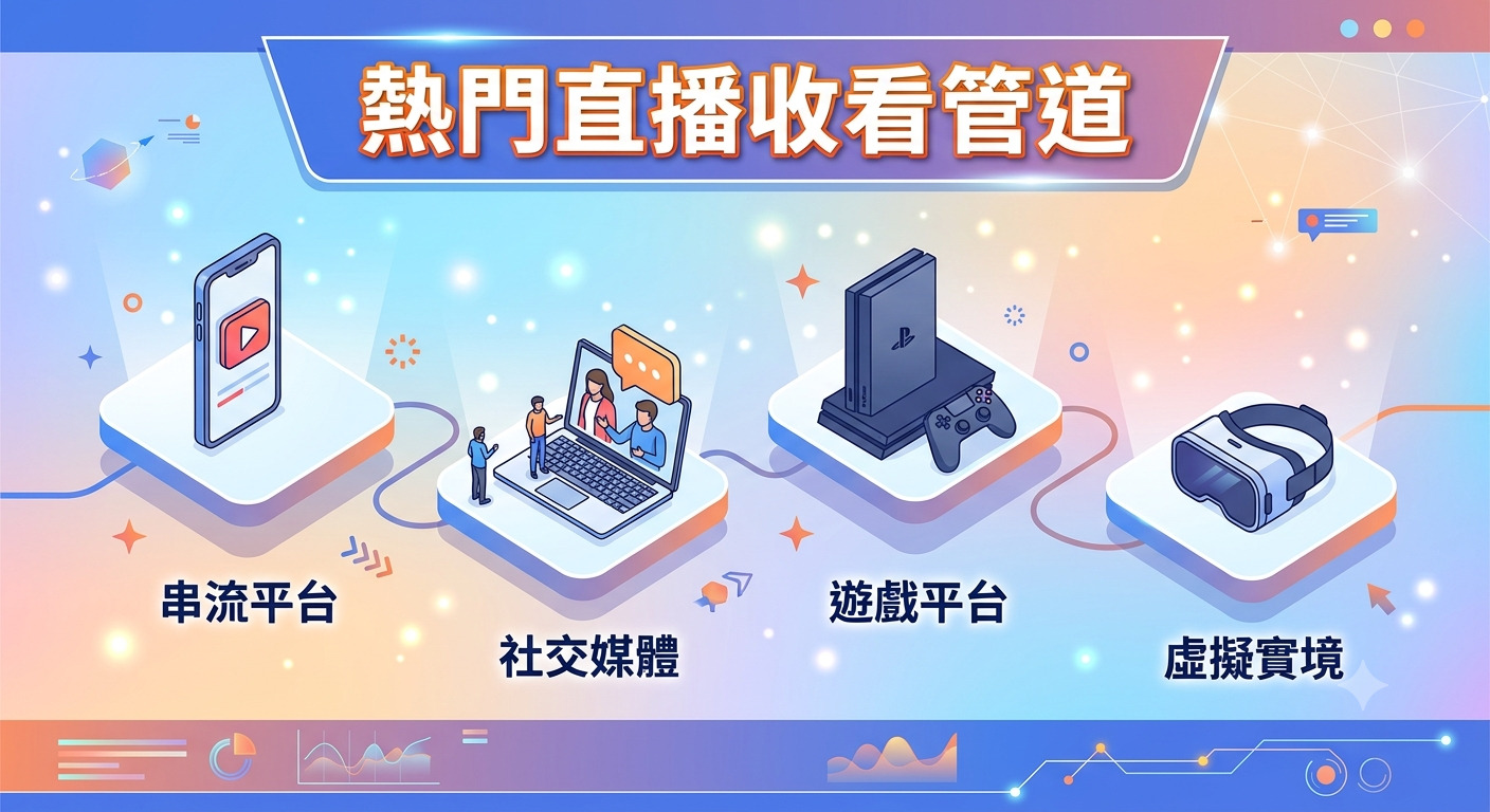 這張圖片展示了熱門直播收看管道的四種主要類型。 圖像以科技感風格呈現，並列出串流平台、社交媒體、遊戲平台與虛擬實境等觀看方式。