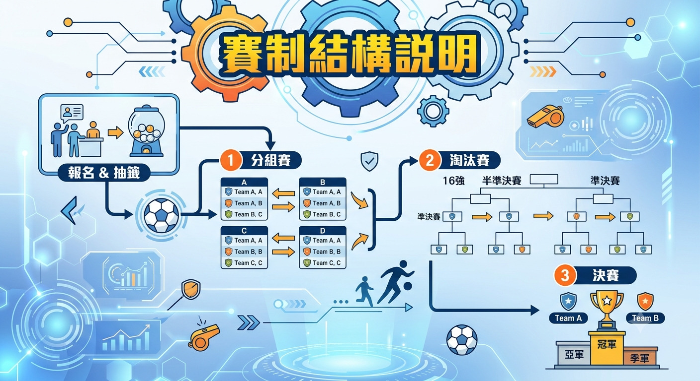 這張圖片展示了賽制結構的流程說明，從報名抽籤、分組賽到淘汰賽，最後產生冠軍。 整體設計採用科技感藍色調與圖表化呈現，清晰地規劃出完整的賽事運作流程。