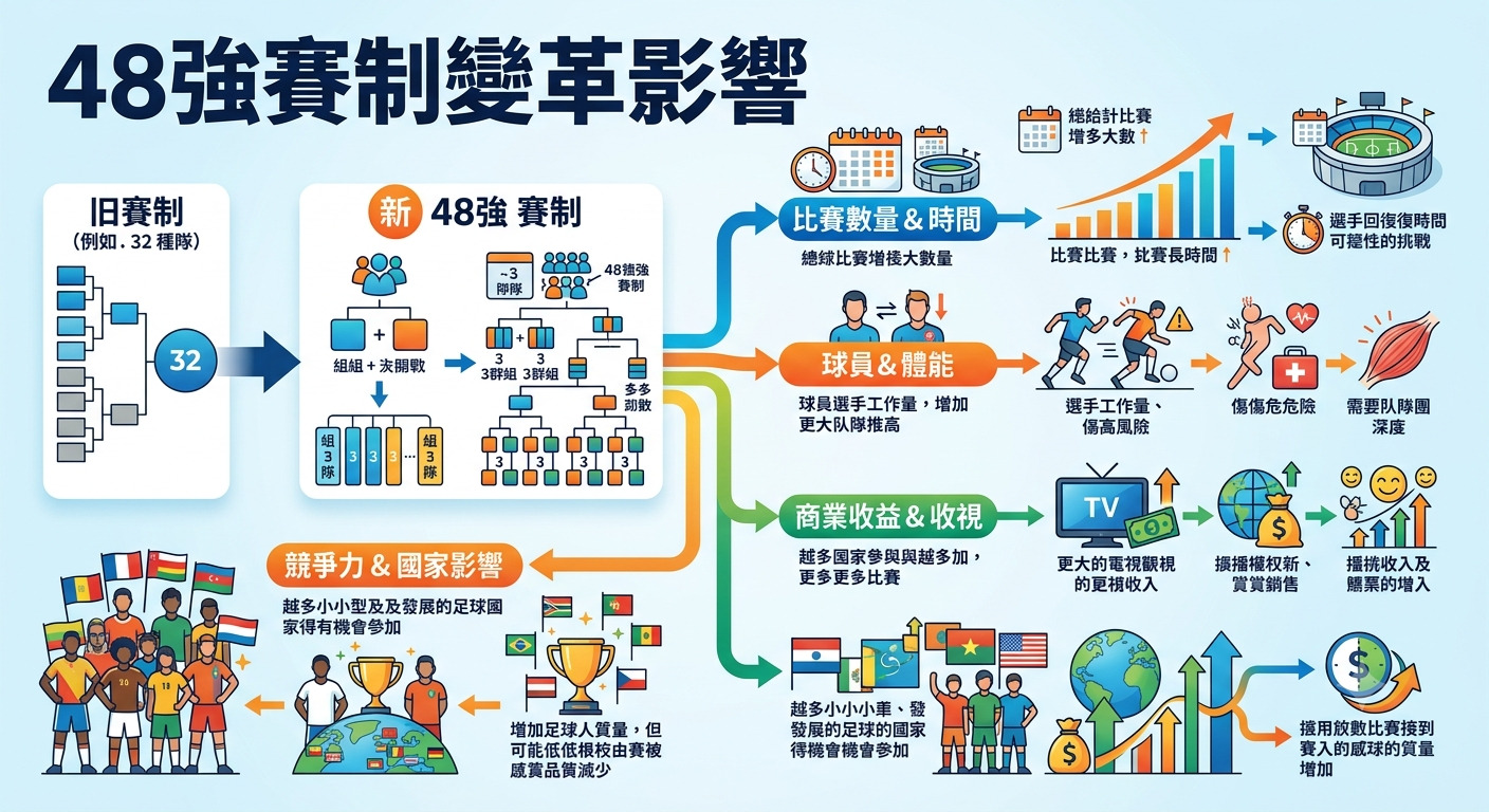 這張資訊圖表分析了「48強賽制變革影響」，詳細展示了賽制更新後在比賽數量、球員體能、商業收益及國家競爭力方面的多重效應。 透過流程圖與圖示，清晰對比了舊賽制與新48強賽制的差異，並深入探討了其帶來的機會與潛在挑戰。