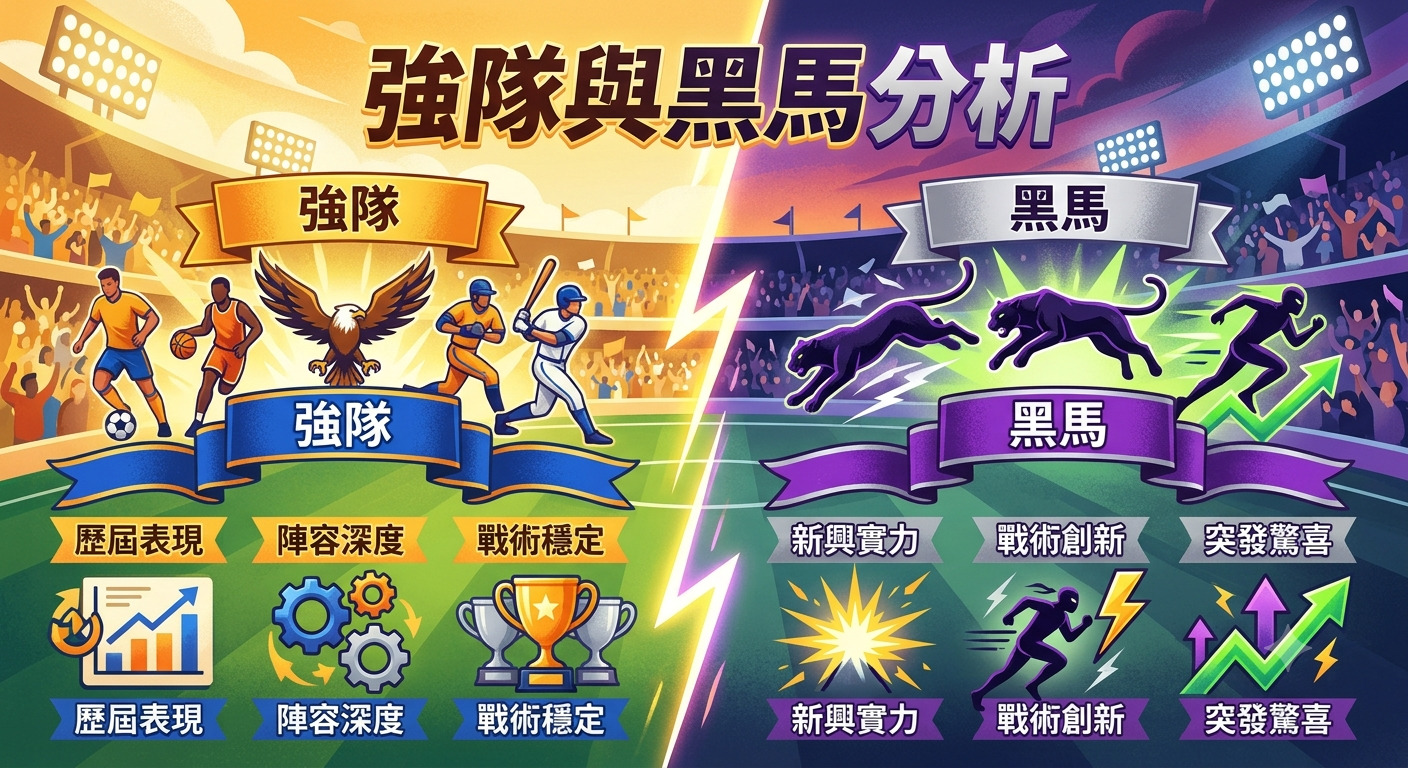 這張圖片以「強隊與黑馬分析」為題，透過對比風格呈現體育競技中傳統強權與崛起黑馬的差異。 畫面將兩者分為左右兩側，分別以運動員、代表符號及相關分析指標來展示各方特質。