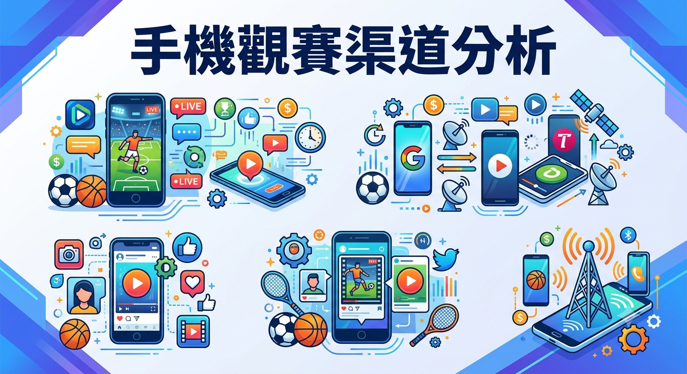 這張圖片展示了各種手機觀看體育賽事的渠道與技術分析，設計風格現代且具備專業感。 圖中結合了智慧型手機、直播圖示、網路傳輸與各類運動元素，以直觀的視覺呈現數位化觀賽的多元生態。