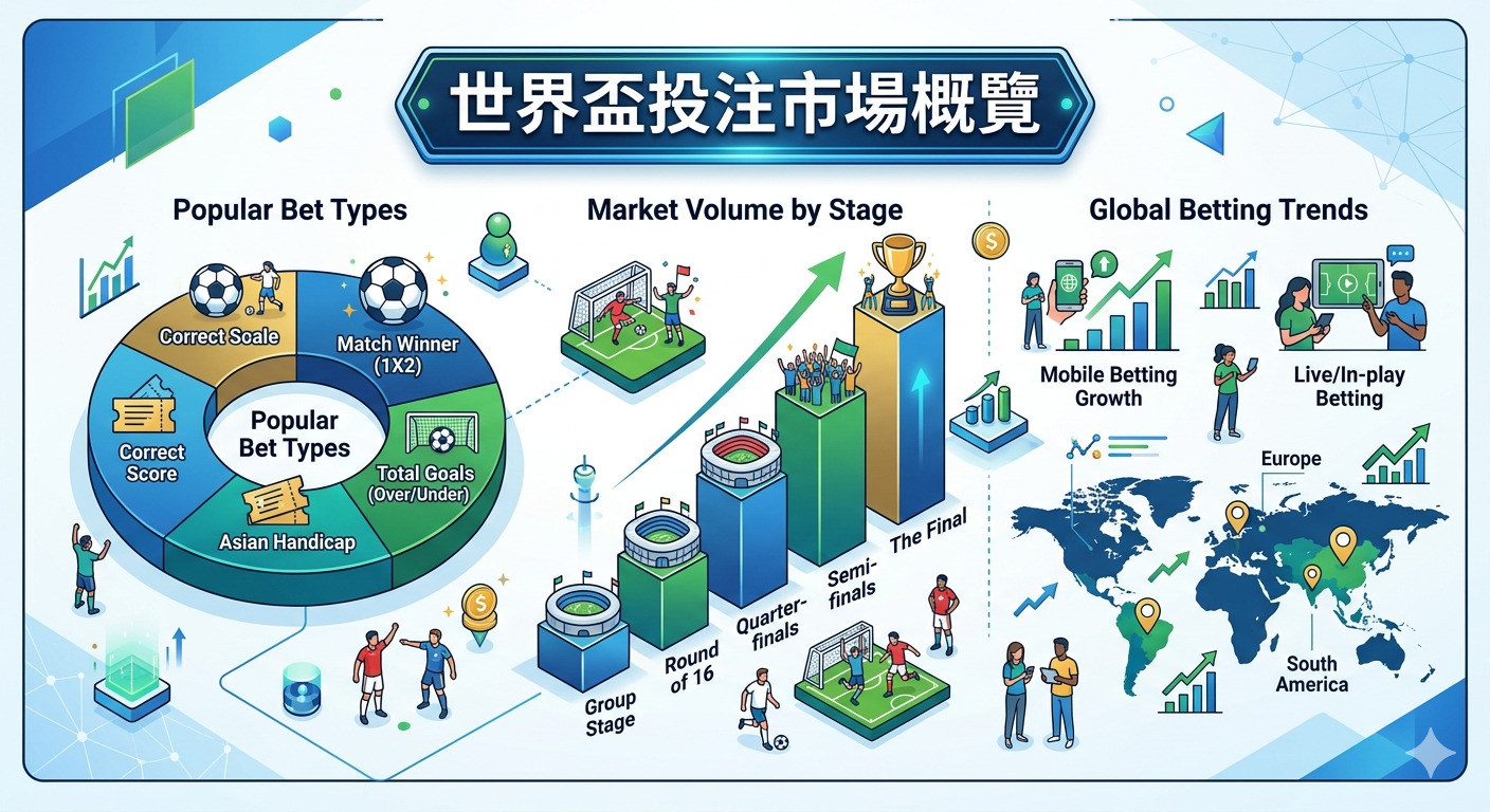 這是一張關於「世界盃投注市場概覽」的資訊圖表,透過圓餅圖、長條圖與地圖呈現了熱門投注類型、賽事階段市場規模及全球投注趨勢。 圖表設計簡潔明瞭,有效整合了數據視覺化元素,讓人一目了然地掌握世界盃博弈產業的核心架構與發展動態。