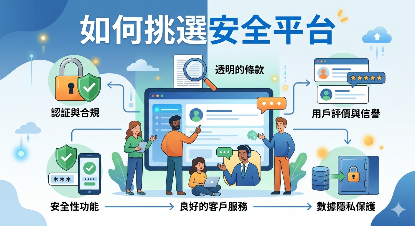 這張圖片的主題是「如何挑選安全平台」,透過簡潔的圖示與文字呈現挑選平台時應考量的關鍵因素。 內容包含認證與合規、透明的條款、用戶評價、安全性功能、客戶服務及數據隱私保護,協助使用者做出安全決策。